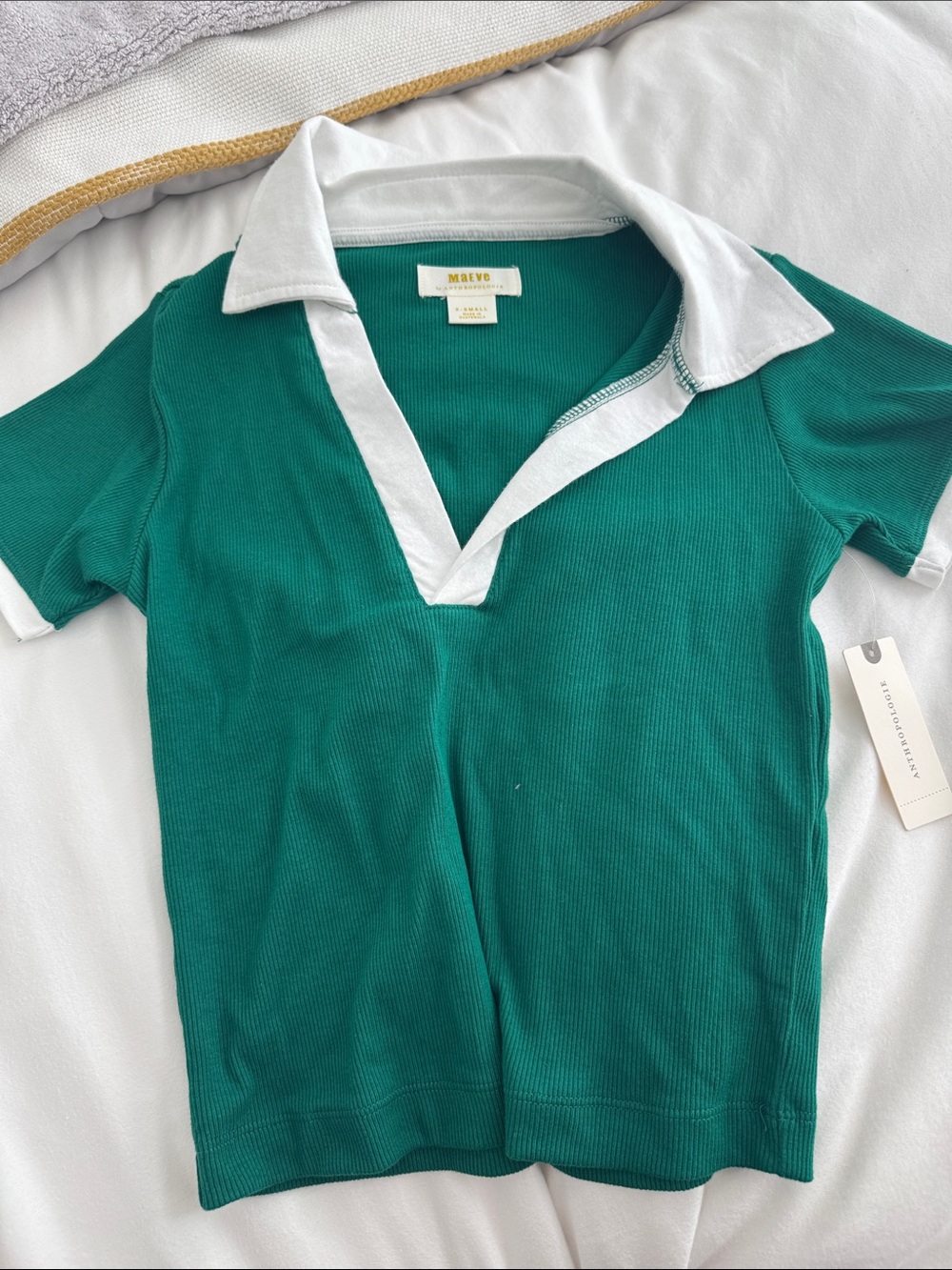 Maeve Teal Green Polo-Style Ribbed Tee with White Collar